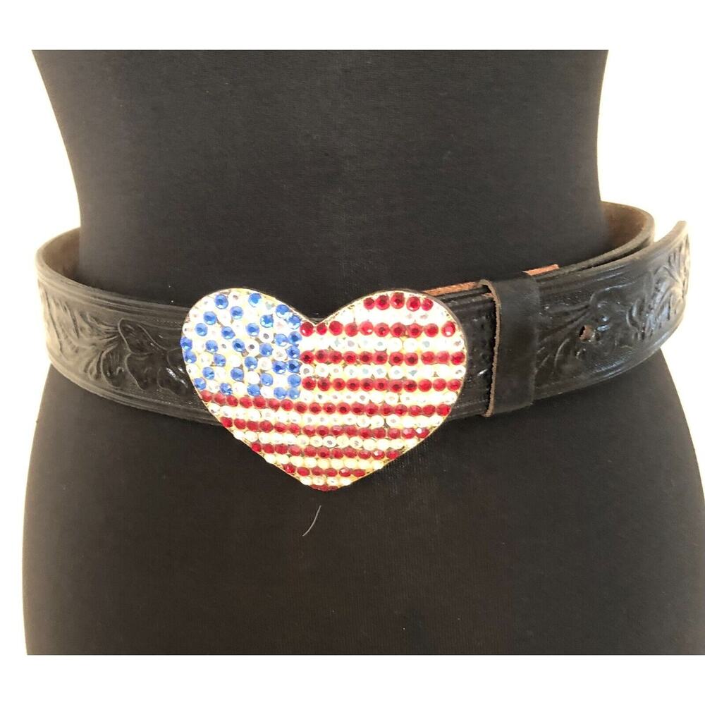 CACHE Black Embossed Leather 3" METAL HEART Rhinestones Flag Buckle Belt NWT New